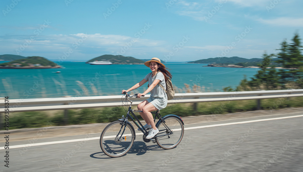Fototapeta premium 海沿いの道で日本人女性が自転車に乗り島旅を楽しんでいる