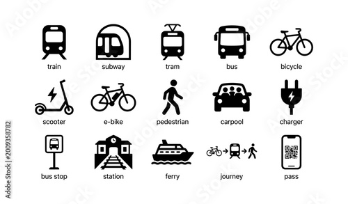 Transportation icons showing vehicles and travel modes in grid layout