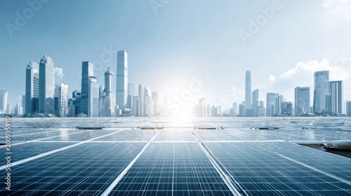 Urban Skyline with Solar Panels Under Bright Sky Emphasizing Sustainable Energy and Modern Architecture in Cityscape