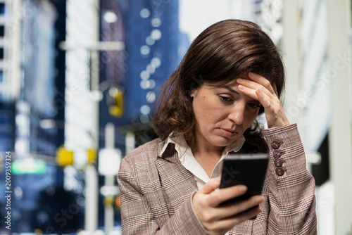 Canvastavla Close up of depressed businesswoman outdoors troubled by negative feedback message on phone