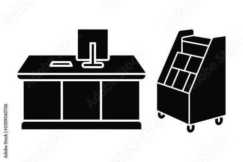 Tableau sur toile Vector illustration of a desk with computer and a display rack on wheels