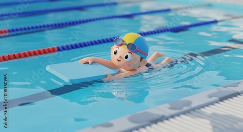 Child Swimming with Float Board in Pool