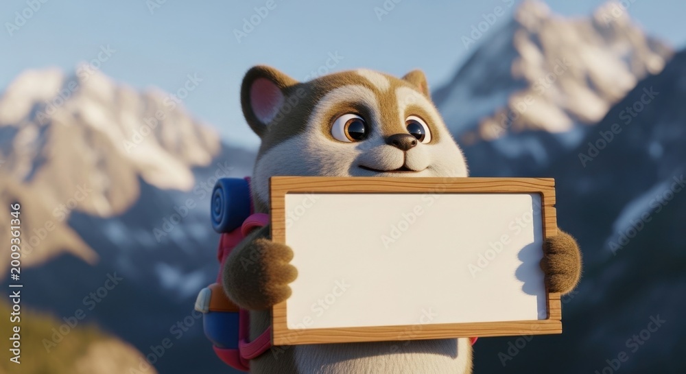 Fototapeta premium Cute Cartoon Fox Holding Blank Sign in Mountain Landscape