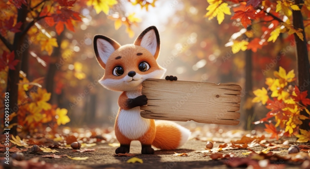 Fototapeta premium Cute Fox Holding Sign in Autumn Forest