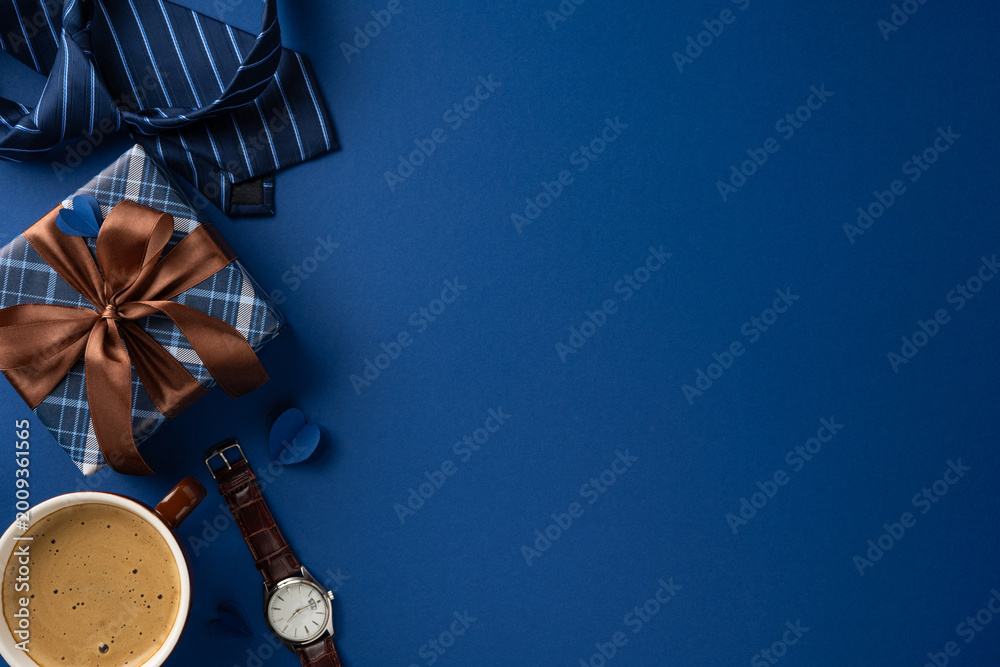 Obraz premium Father's Day gift flat lay with watch, tie, coffee and blue wrapped present