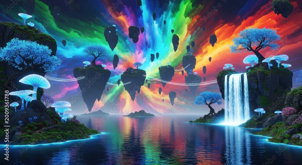 Fototapeta premium Fantasy Floating Islands with Waterfall and Aurora