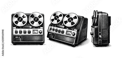 Vintage reel-to-reel tape recorders displayed from multiple angles in a retro illustration style