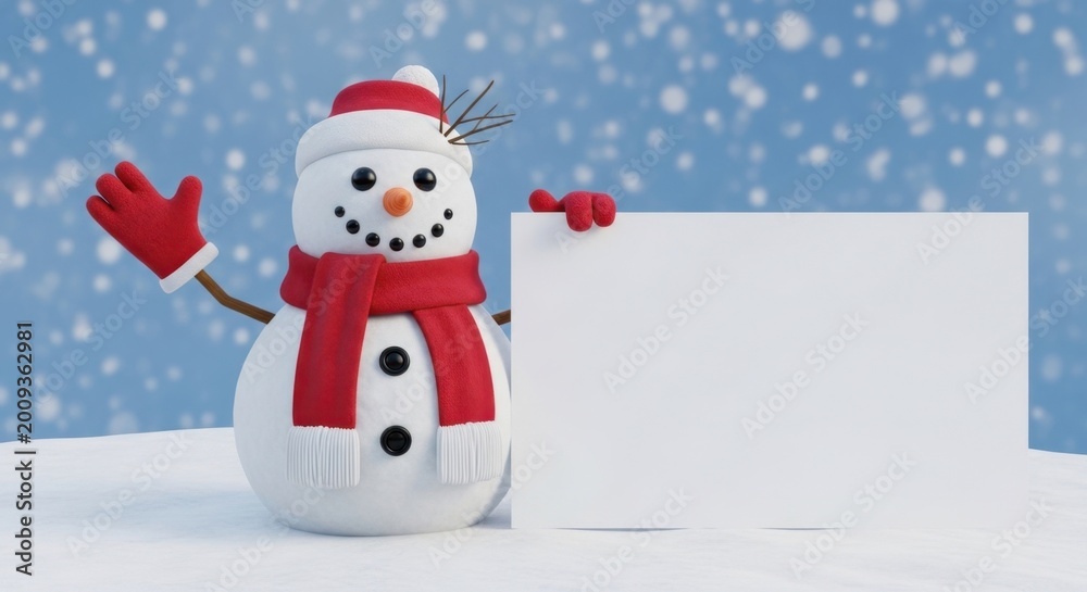 Fototapeta premium Snowman Holding Blank Sign in Snow