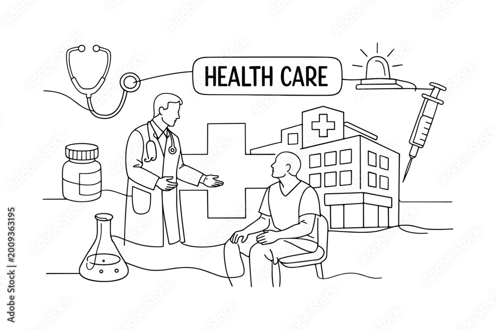 Fototapeta premium Doctor and patient discuss healthcare with hospital and medical symbols
