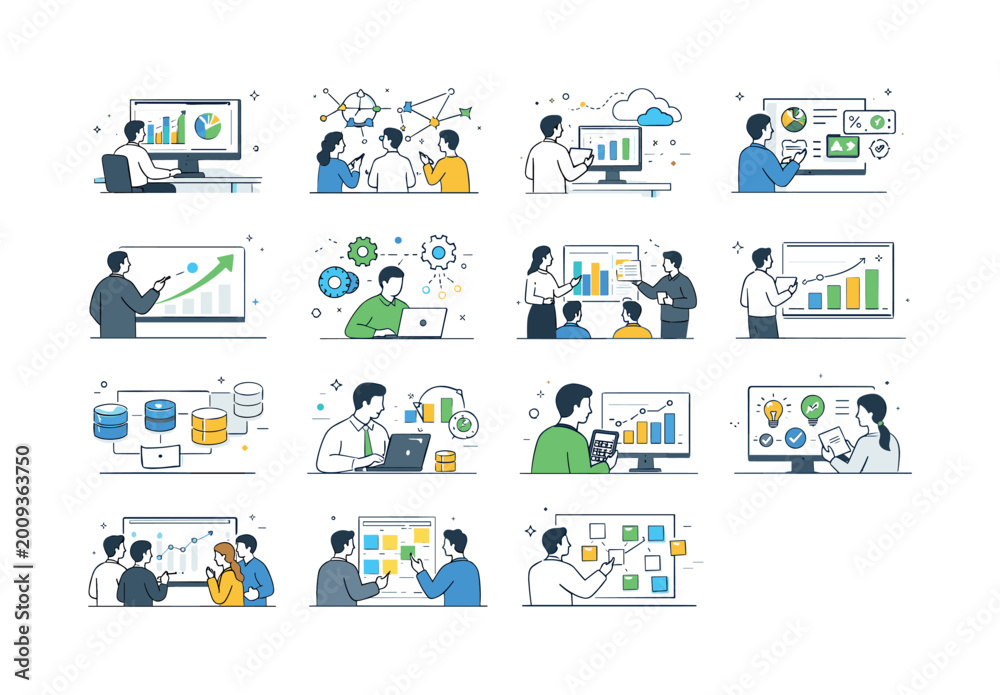 Obraz premium Collection of icons representing modern industry, automation, and technology concepts