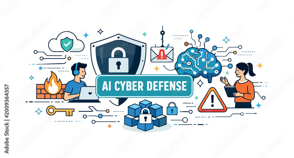 Naklejka premium AI cyber defense concept with digital brain and security elements
