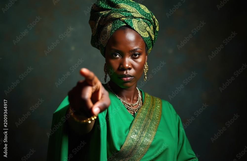 Fototapeta premium Woman in green traditional African outfit points finger forward. She looks serious and stern, possibly giving a command or warning. Her expression is intense, conveying authority and directness.