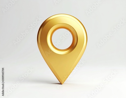 A polished golden location pin symbol with a circular cutout, isolated on white