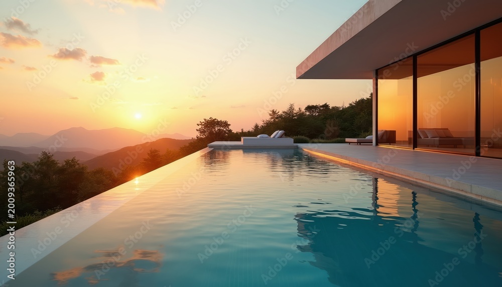 Fototapeta premium Modern house with infinity pool overlooks mountain range at sunset. Sun reflects on water. Sleek architecture, glass windows show interior. Outdoor luxury living space.