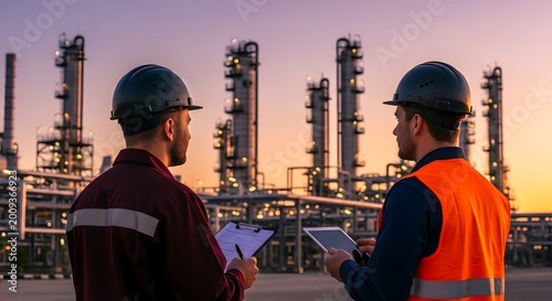 Two industrial engineers working at an oil refinery at sunset.