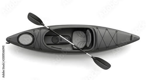 Top view of a black kayak with a paddle isolated on white background.