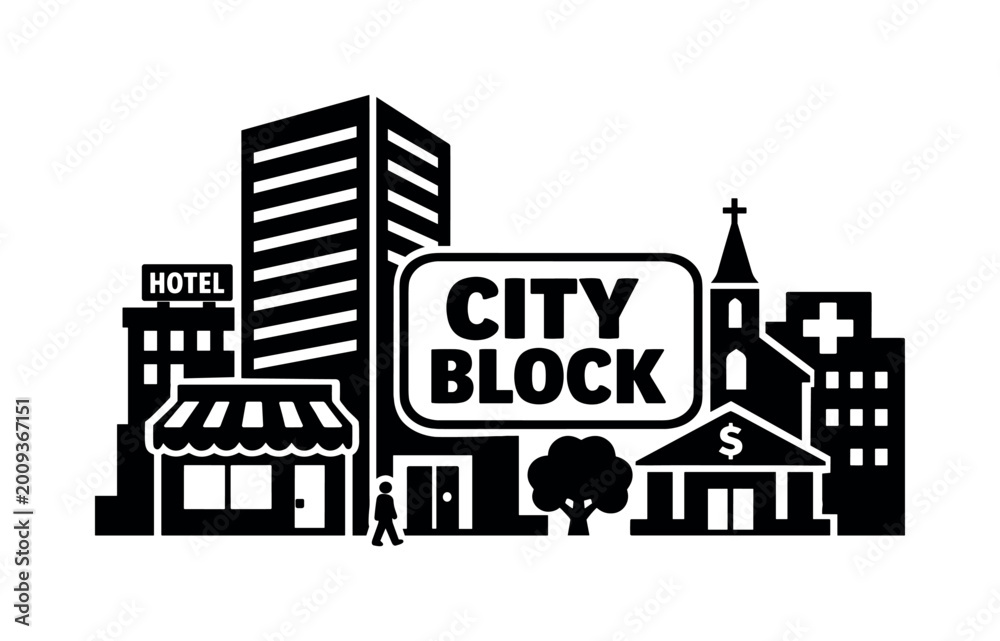 Naklejka premium Diverse urban cityscape with various buildings and a central sign