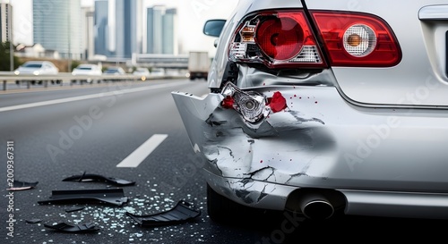 Damaged silver car rear end after a road traffic accident on the highway.