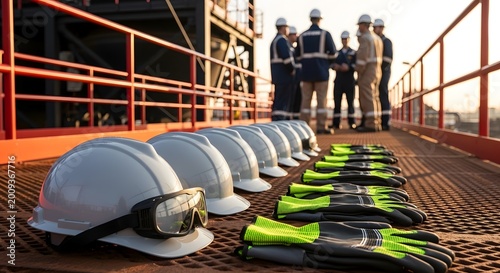 Industrial Safety Equipment with Construction Workers Meeting in Background.
