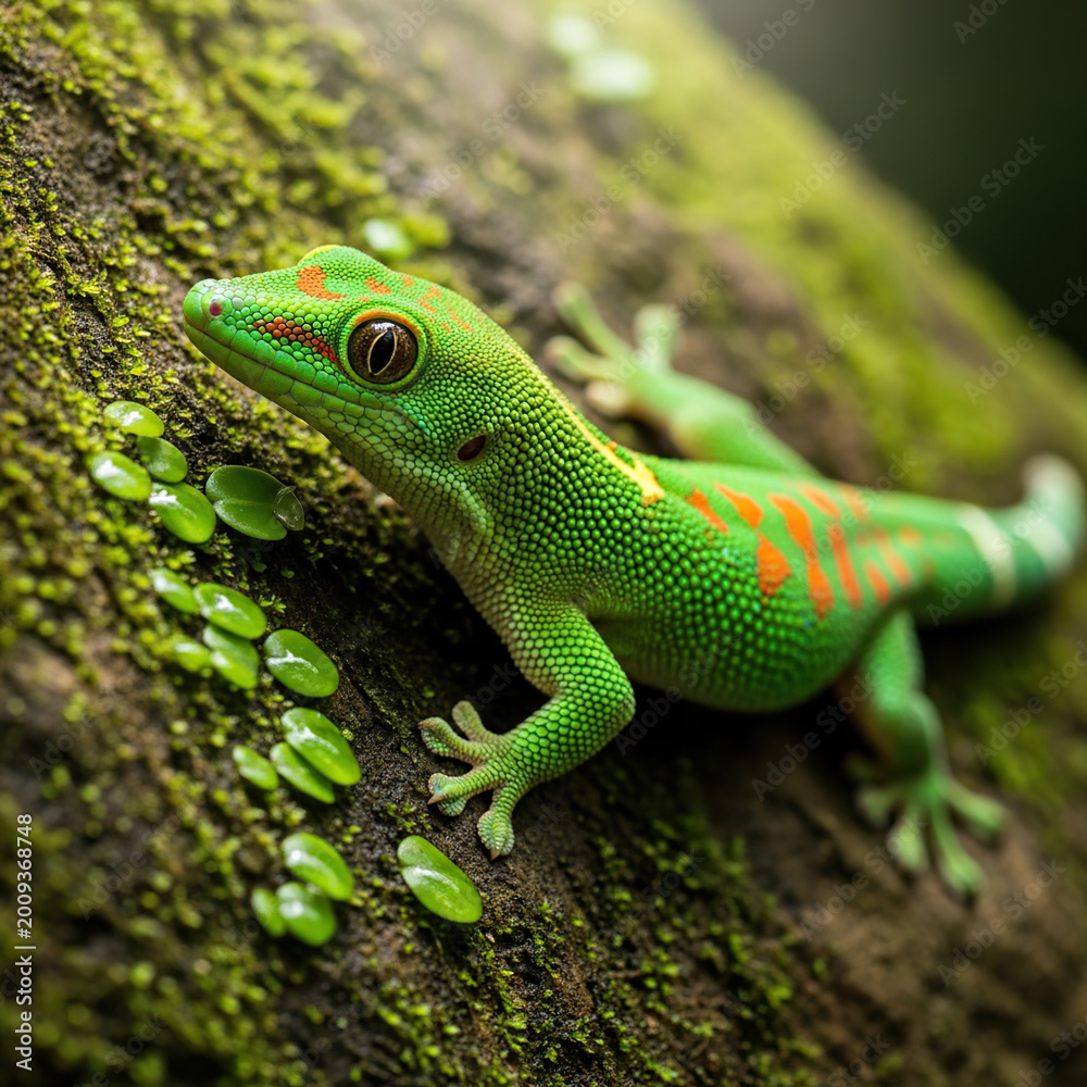 Fototapeta premium Vibrant green gecko with orange stripes on mossy tree bark