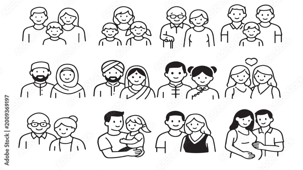 Obraz premium Set of diverse family and couple icons in doodle style