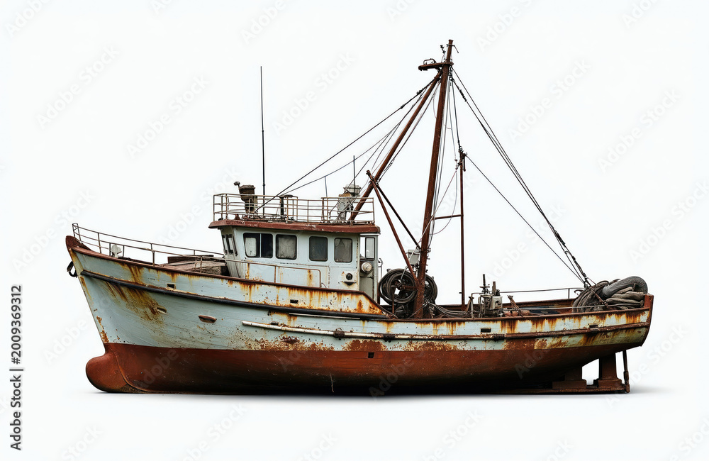 Naklejka premium Old weathered fishing boat isolated on white background. Rust covers hull and metal parts. Nautical vessel needs repair, shows signs of decay. Maritime transportation subject.