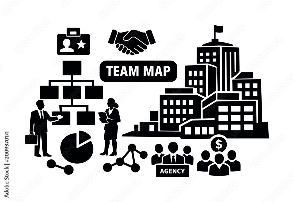 Naklejka premium Business organization and team structure icons for corporate strategy and planning