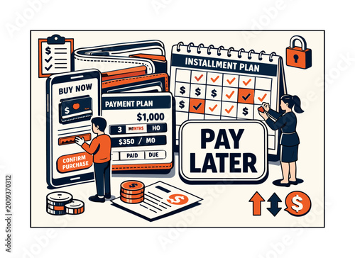 Buy now pay later concept with installment plan and payment schedule illustration