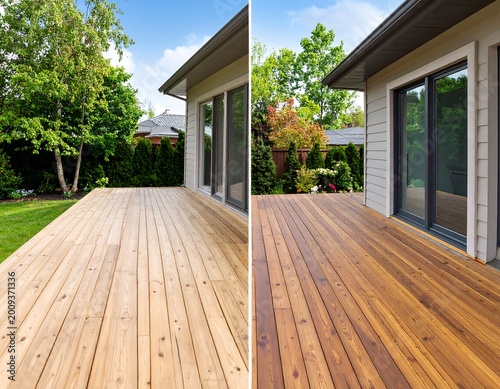 Two side-by-side images show a wooden deck next to a house. One is light-colored, while the other is stained darker. The sky is visible