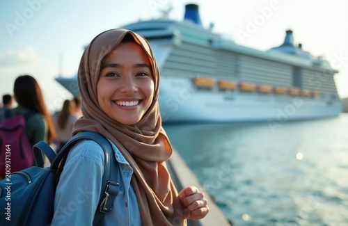 Young muslim woman smiles happily near large cruise ship. She wears hijab and backpack, ready for journey. Friends stand behind her at ocean port embarking on holiday voyage.