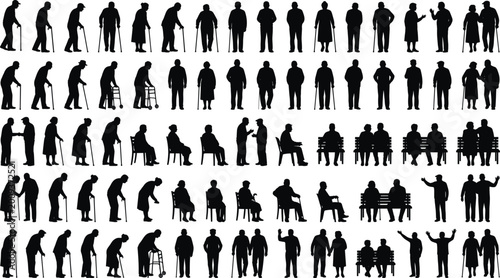 Fotografie Large collection of elderly people silhouettes featuring senior men and women walking with canes, using walkers, sitting on benches, and standing in various poses for healthcare and social design