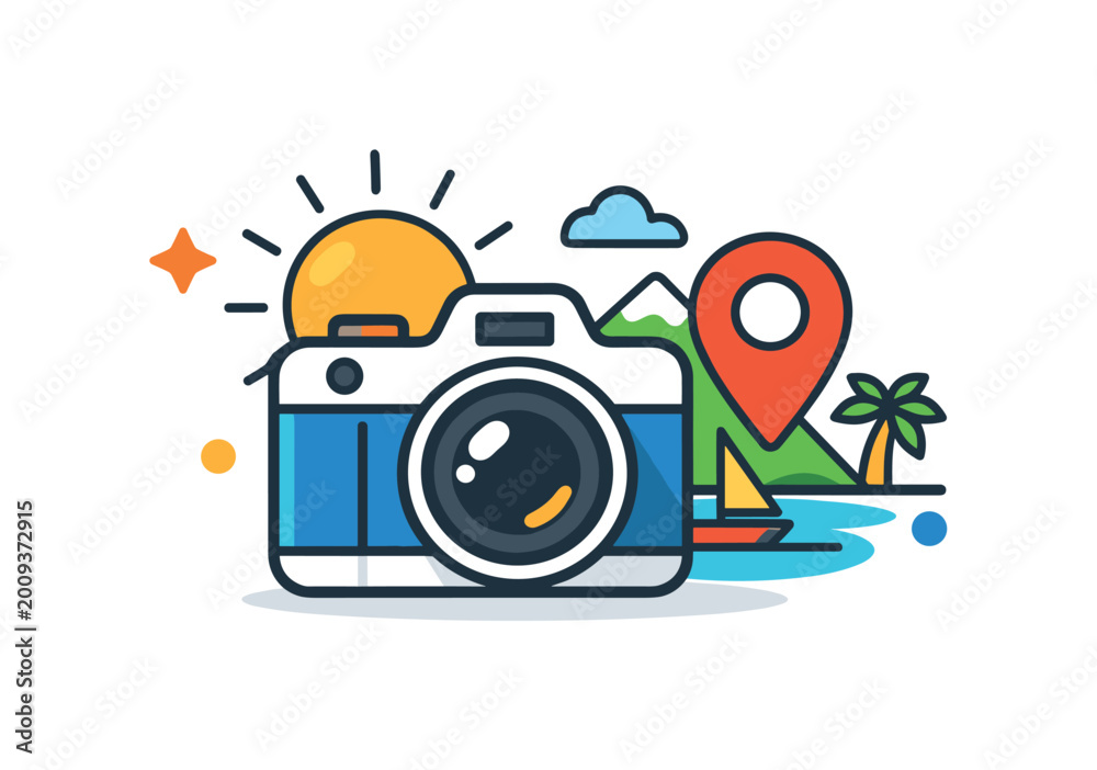 Naklejka premium Digital camera captures scenic travel destination with sun, mountains, and ocean