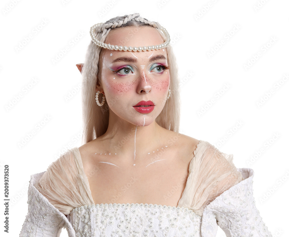 Obraz premium Beautiful girl dressed as elf on white background