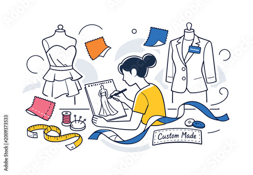 Fashion designer sketching a dress, surrounded by sewing supplies and mannequins