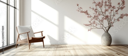 Minimalist room with chair and cherry blossom vase