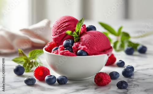 A bowl of vibrant mixed berry sorbet with whole raspberries and blueberries