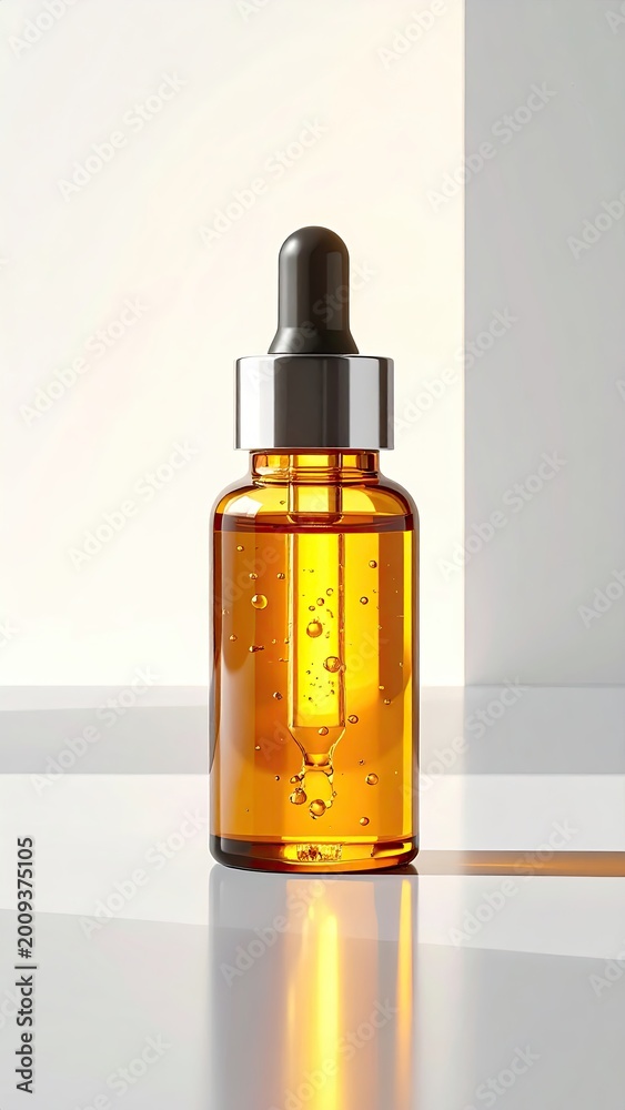 Fototapeta premium Amber glass dropper bottle with golden serum and air bubbles