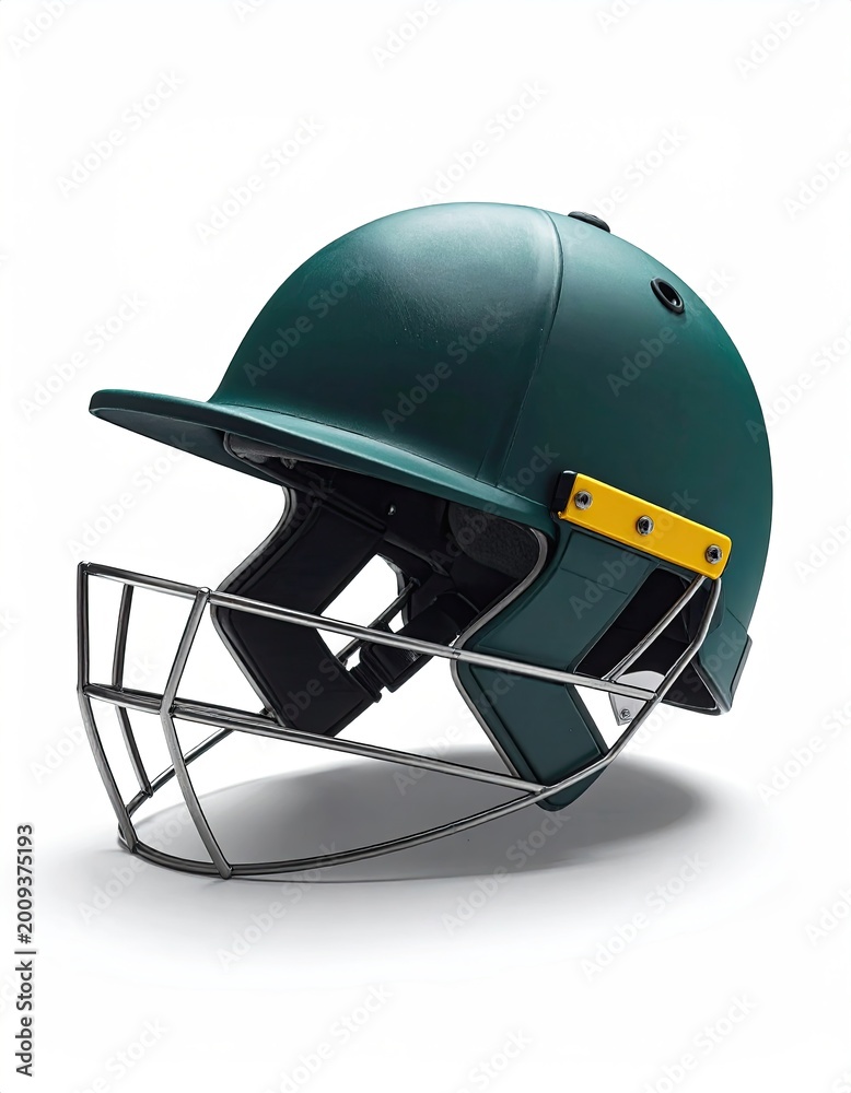 Fototapeta premium A dark green batting helmet with a silver cage and yellow accents