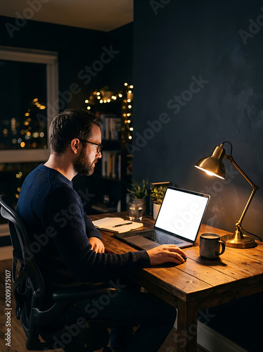 Man focused on remote work at home office desk at night using laptop and mouse in a quiet peaceful environment