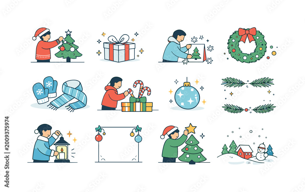 Fototapeta premium Collection of minimalist Christmas icons and scenes for festive design