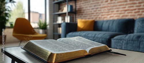Open book on coffee table, modern living room