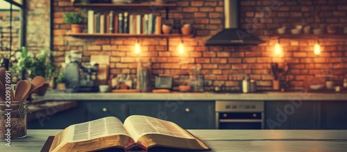 Open Bible on Kitchen Counter, Cozy Brick Kitchen Background