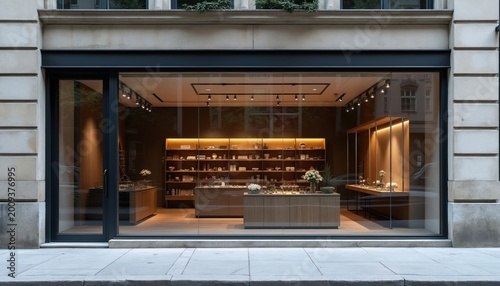 Modern shop storefront with large glass windows displaying merchandise. Interior features wood shelving and illuminated display cases, ready for branding.