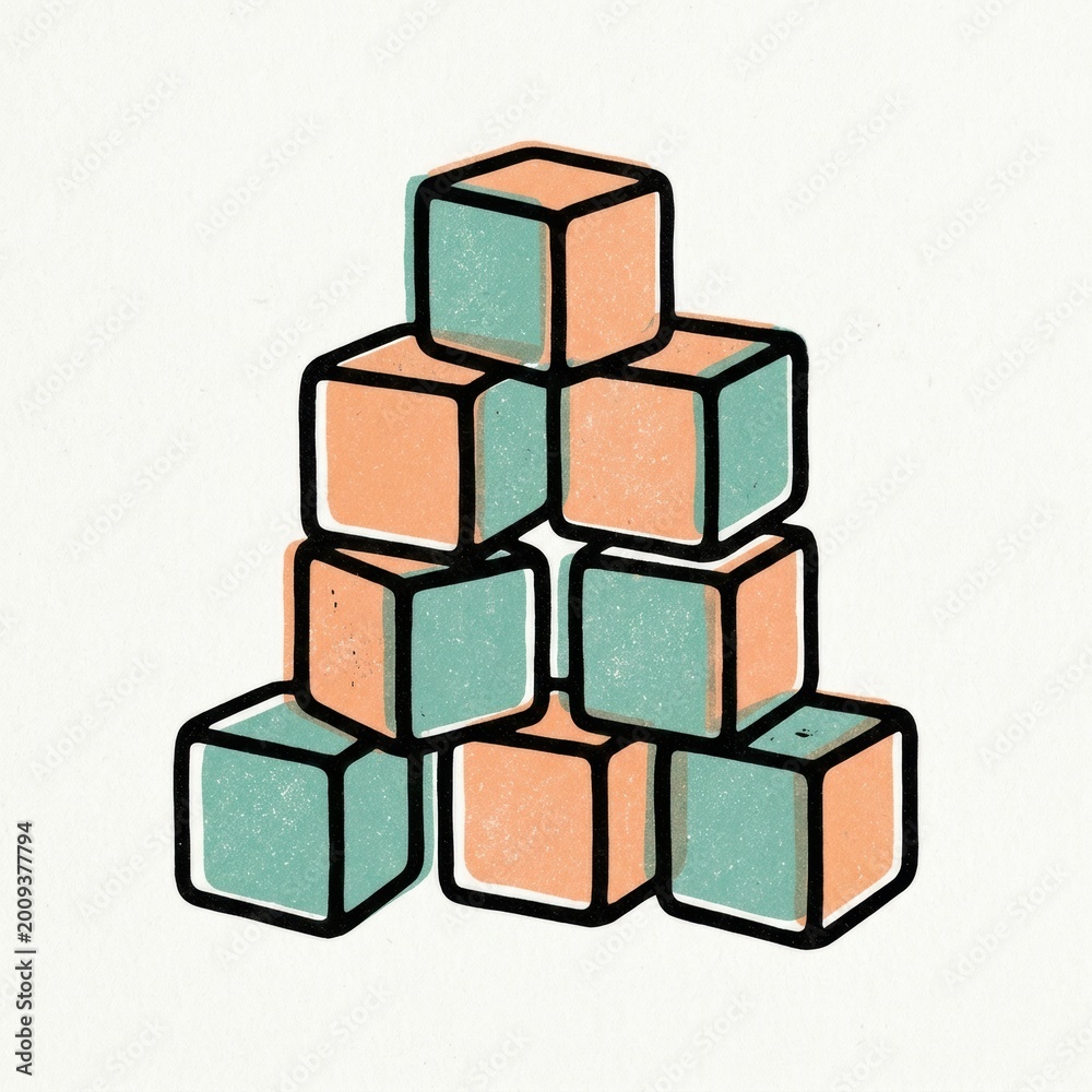 Fototapeta premium Blocks in bright colors are stacked creatively to engage children in learning letters and building skills during playtime in kindergarten classrooms.