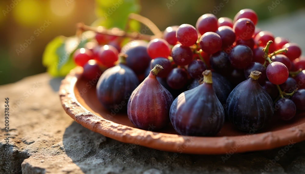 Obraz premium Ripe figs and red grapes arranged on a rustic clay plate outdoors. The natural autumn harvest offers a healthy, delicious snack. Food styling captures fresh produce at its peak.