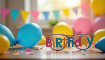 Festive birthday party setup with colorful balloons, confetti, and novelty glasses spelling BIRTHDAY. Bunting flags hang in background suggesting celebration.