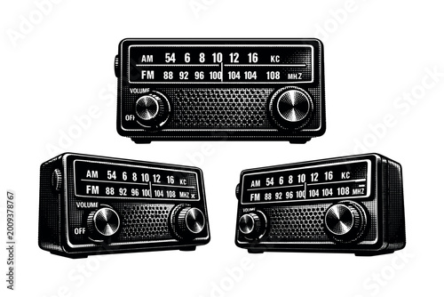 Vintage portable AM FM radio with knobs and dial, presented in a retro illustration style