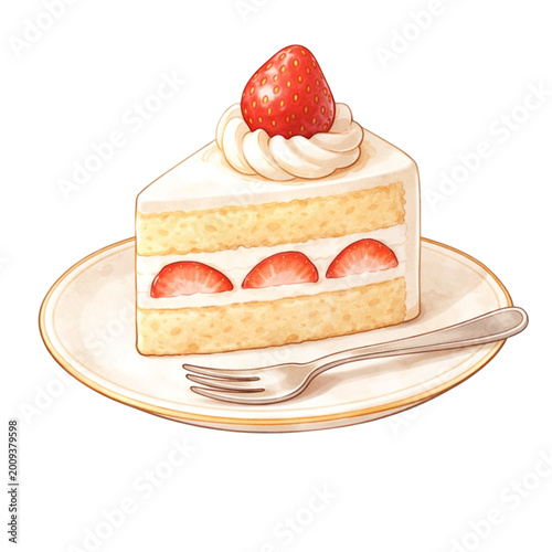 Watercolor Strawberry Shortcake Slice – Classic Cream Cake Dessert Illustration with Fresh Berries