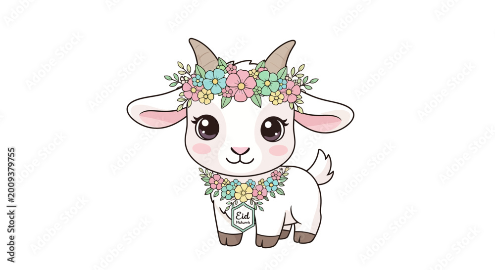 Naklejka premium Cute Baby Goat with Flower Crown and Garland