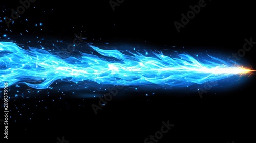 Dynamic blue energy streak with glowing light on black background, ethereal